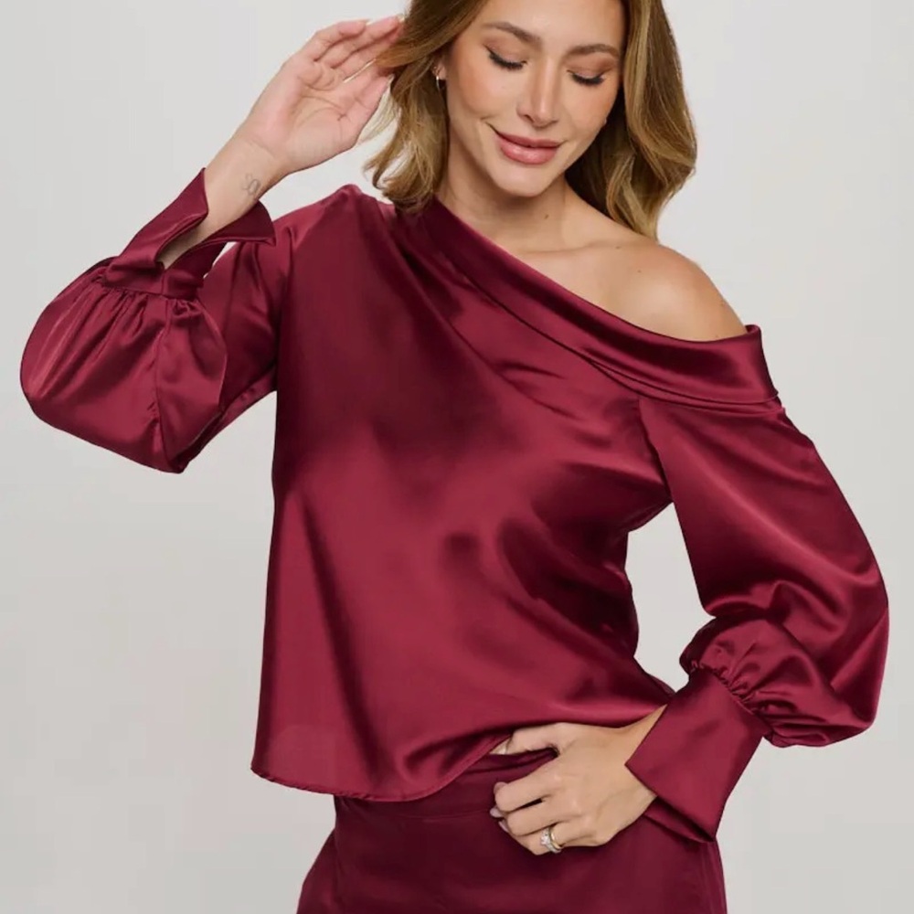 Renee C. Burgundy Satin Off-Shoulder Blouse